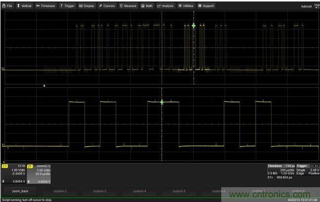 使用CustomDSO運行VB腳本&ldquo;zoom_Track.lss&rdquo;。當腳本運行時，縮放波形的中心將跟蹤水平的光標絕對位置。從圖中可以看出，光標將永遠位于縮放波形Z1的中心